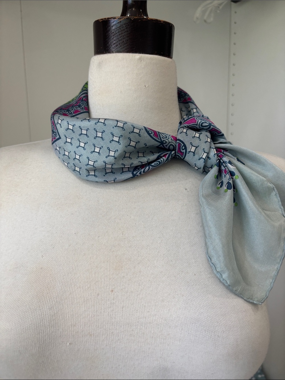 Light Blue Patterned Silk Neck Scarf with Pink Accents